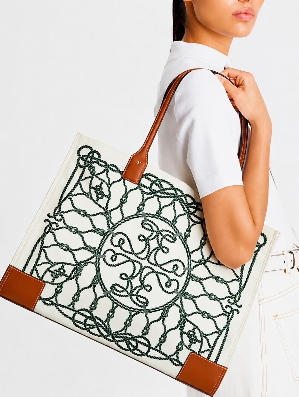 Tory Burch Ella Printed Tote in Ivory Abstract Rope - Large